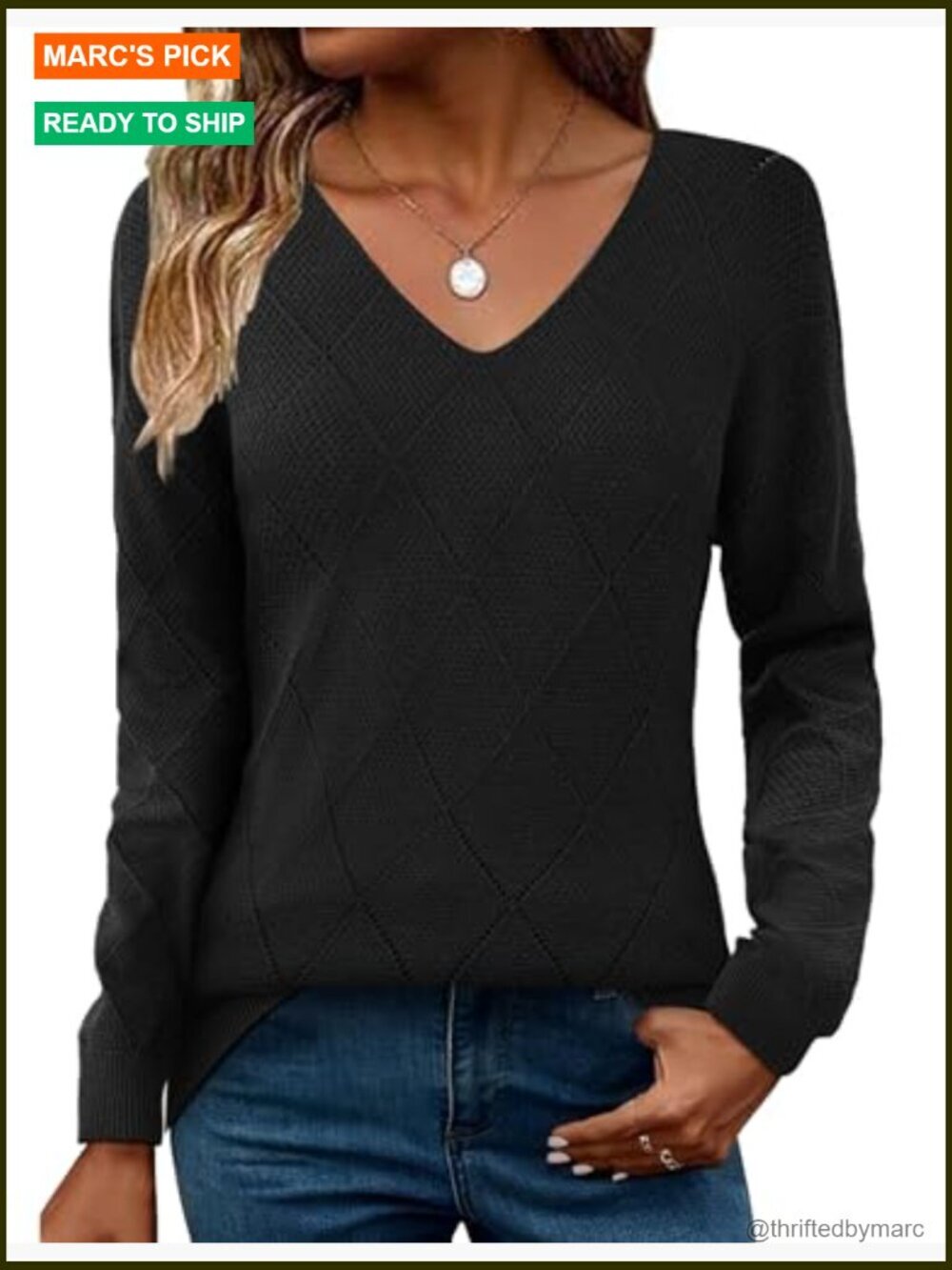 Knitted Long Sleeve V-Neck Lightweight Crochet Pullover Sweater Top - Picture 4 of 5